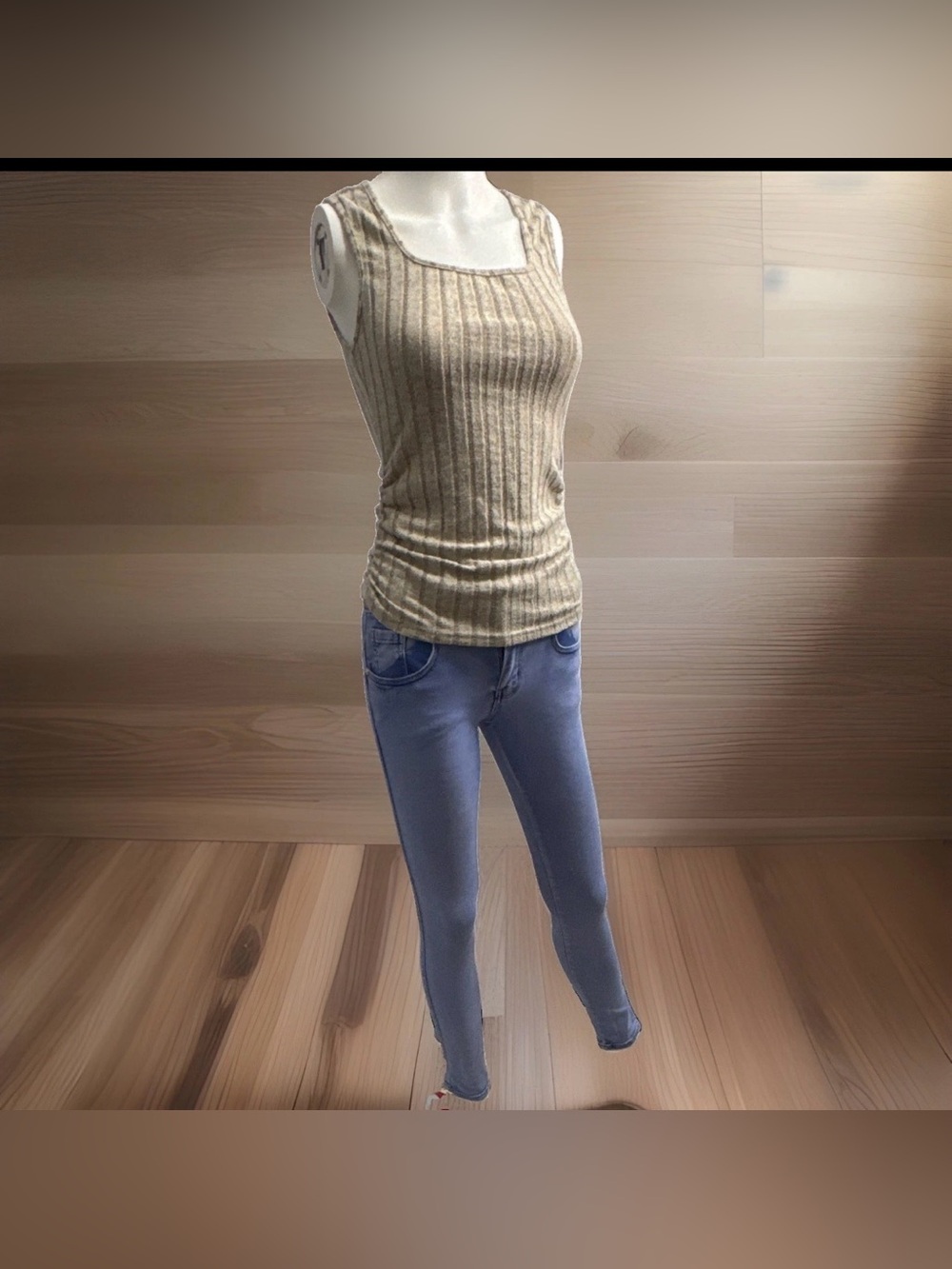 SET 2PCS Jeans Size1 and Beige/Ribbed Knit Square Neck Tank Top Sleeveless sizeS